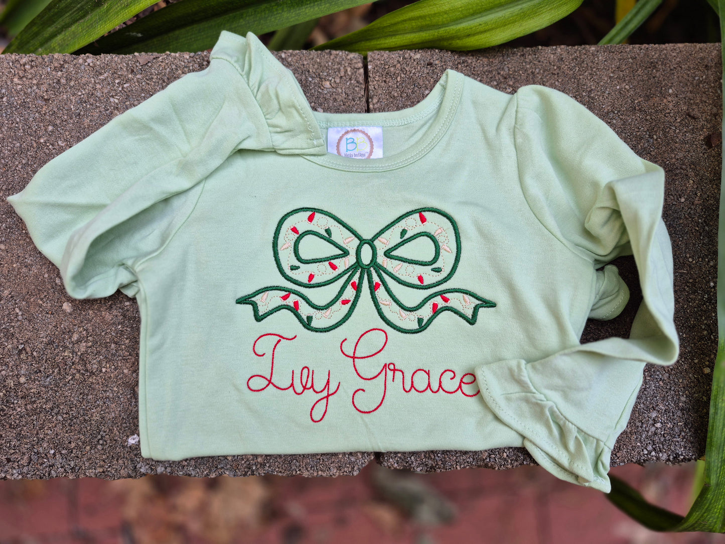 Christmas light bow with names - ruffle long sleeve tee - infant & toddler