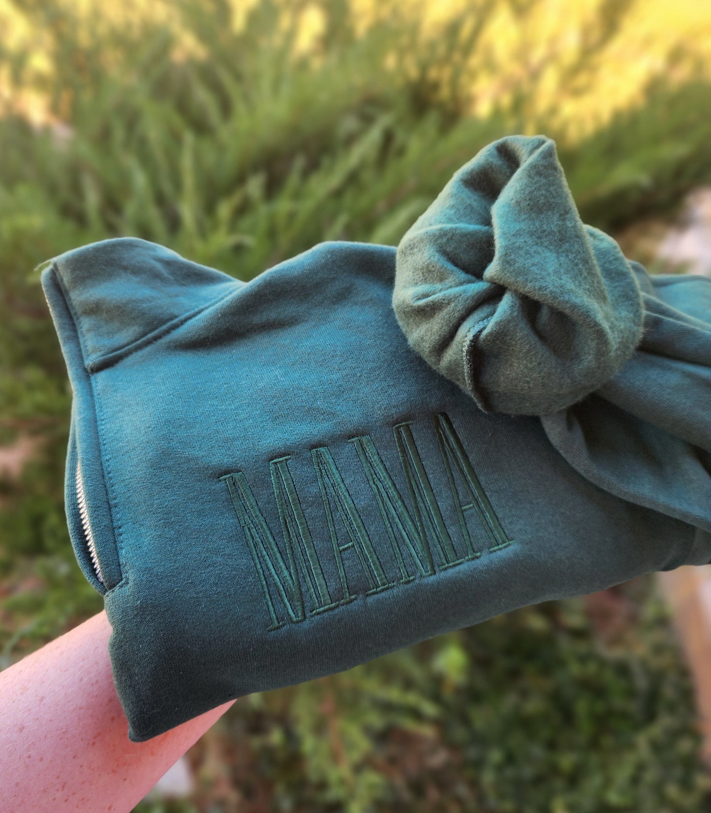 Forest green quarter zip with green thread - MAMA or monogramq