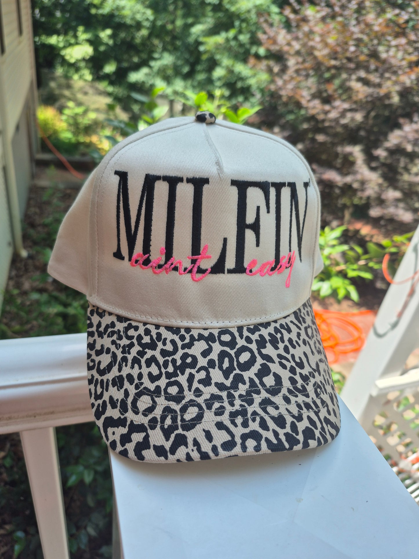 Milfin ain't easy - leopard bill hat ( pick one color for bottom words)