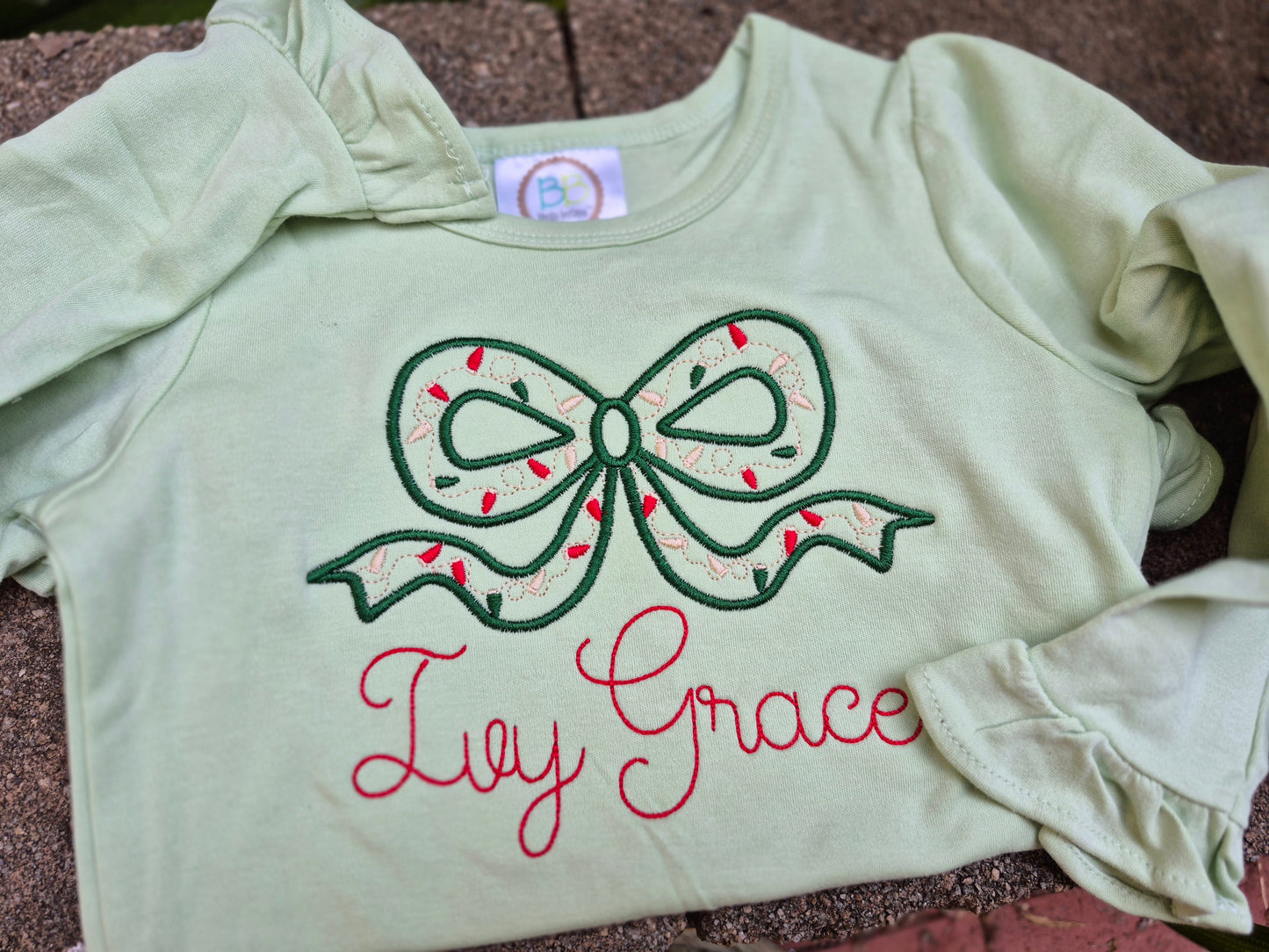 Christmas light bow with names - ruffle long sleeve tee - infant & toddler