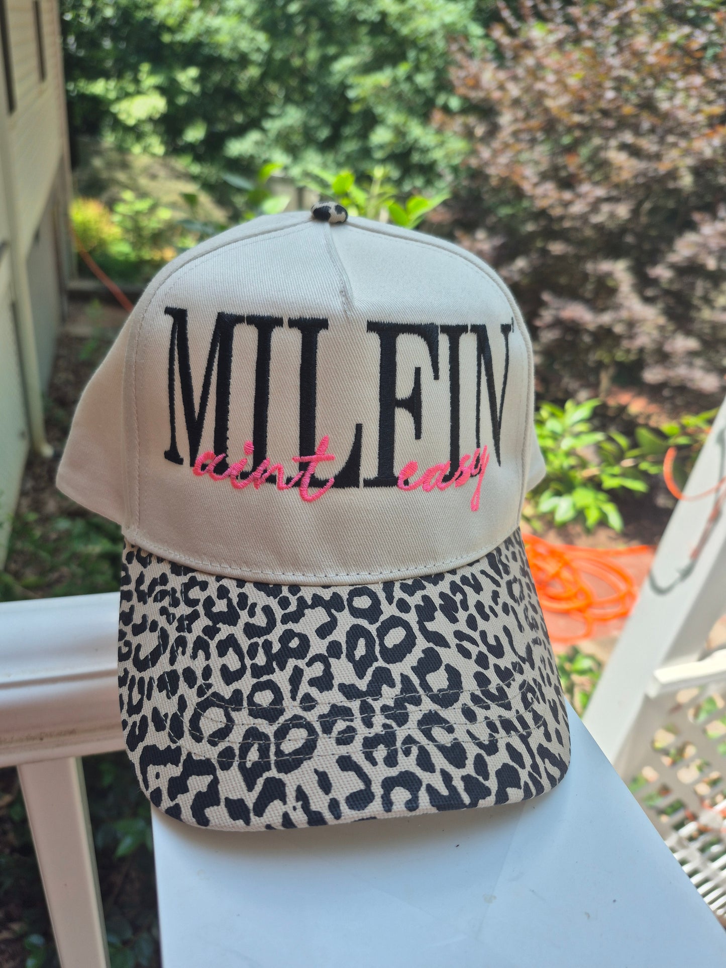 Milfin ain't easy - leopard bill hat ( pick one color for bottom words)