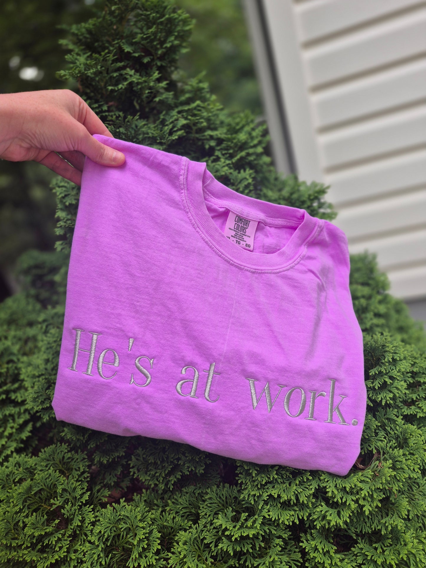 Hes at work.(or any custom word) - cc tee & gildan crew
