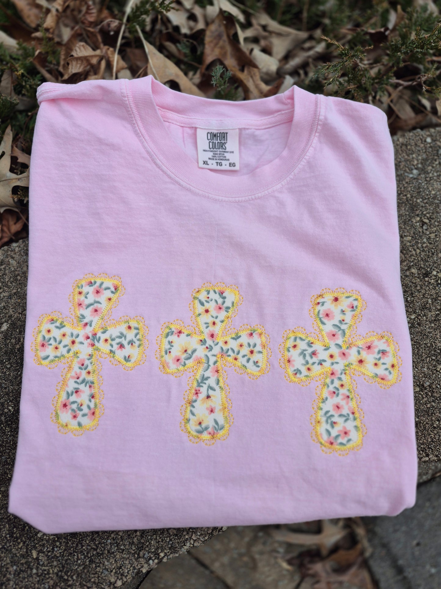 Crosses.  comfort color tee - faux lace- embroidered