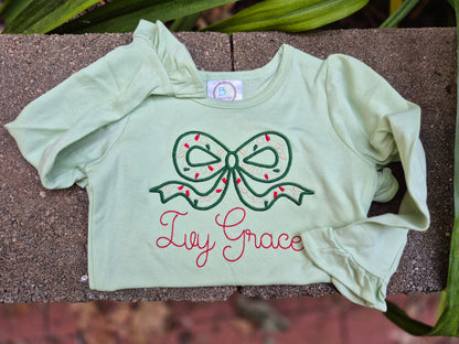 Christmas light bow with names - ruffle long sleeve tee - infant & toddler