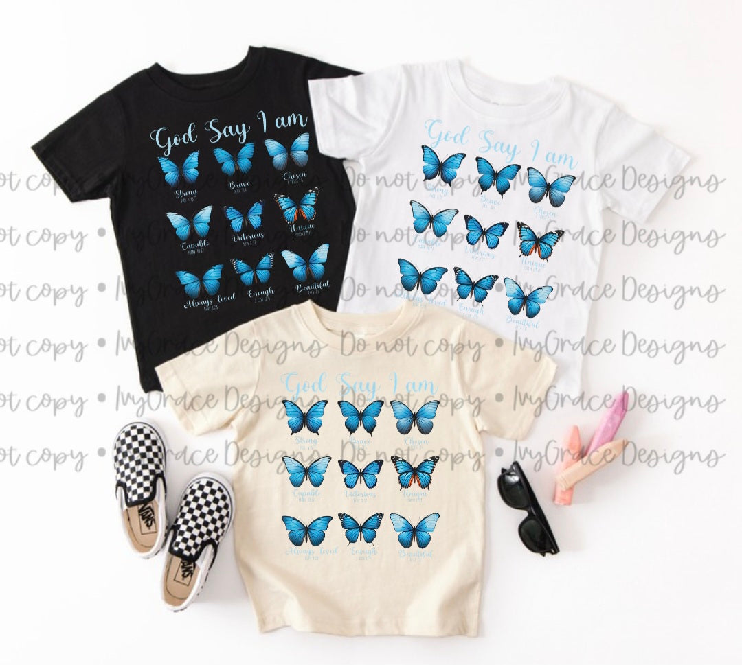God says i am - blue butterflies ( infant, toddler & youth)