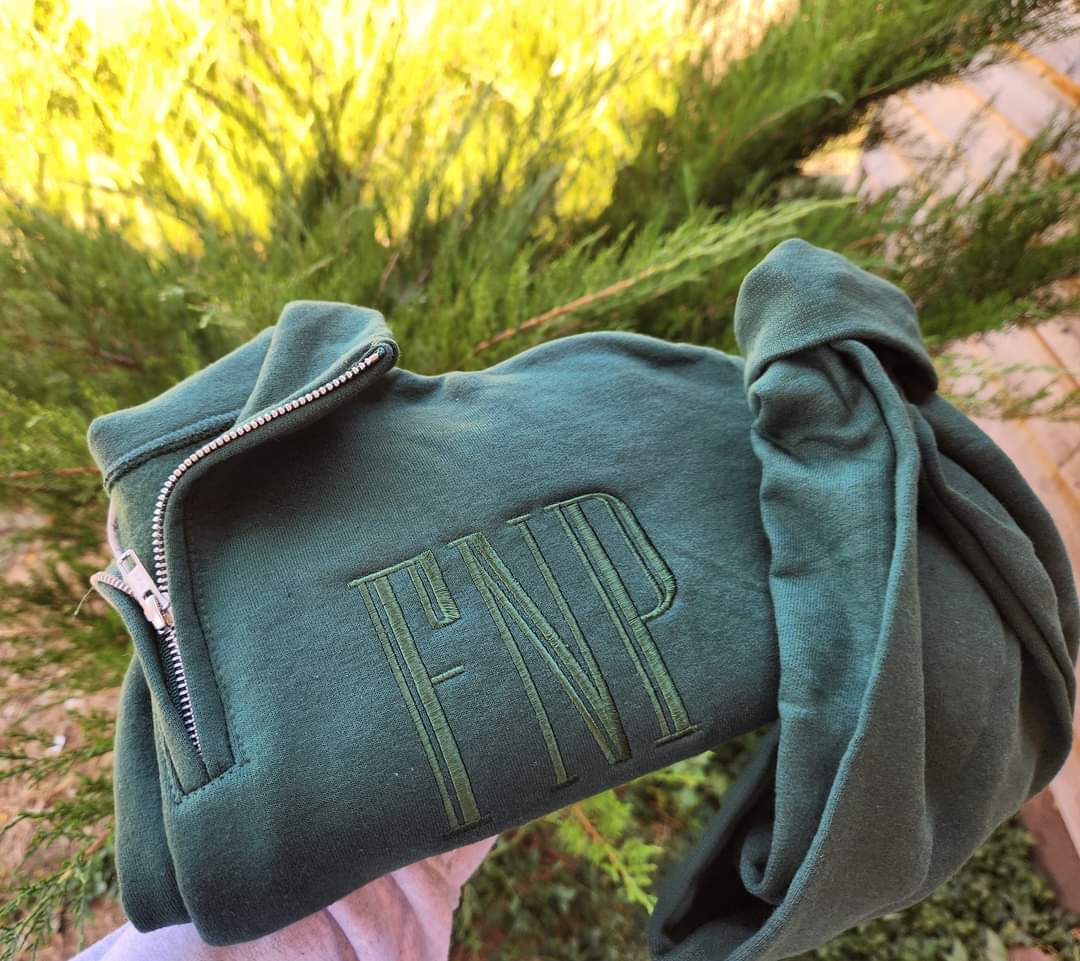 Forest green quarter zip with green thread - MAMA or monogramq