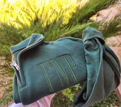 Forest green quarter zip with green thread - MAMA or monogramq