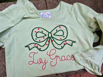 Christmas light bow with names - ruffle long sleeve tee - infant & toddler