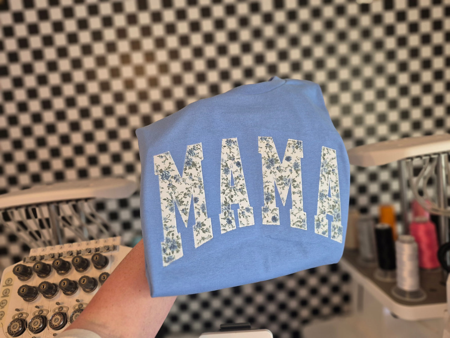 MAMA blue floral applique- gildan tees & crews