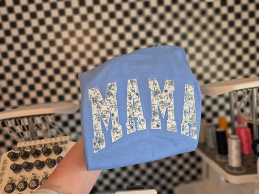 MAMA blue floral applique- gildan tees & crews