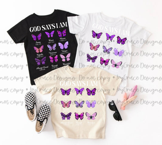 God says i am - purple butterflies ( infant, toddler & youth)