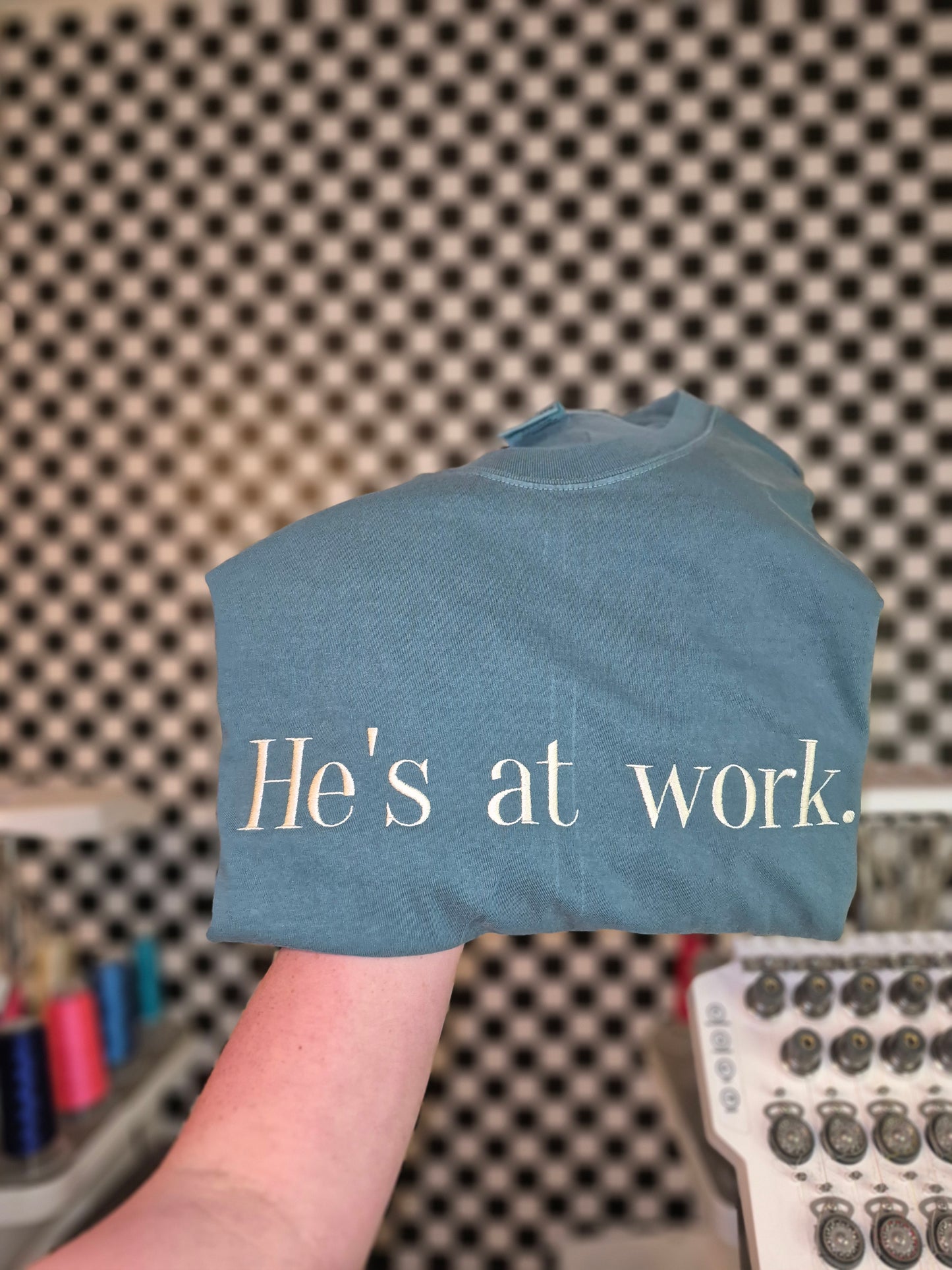 Hes at work.(or any custom word) - cc tee & gildan crew