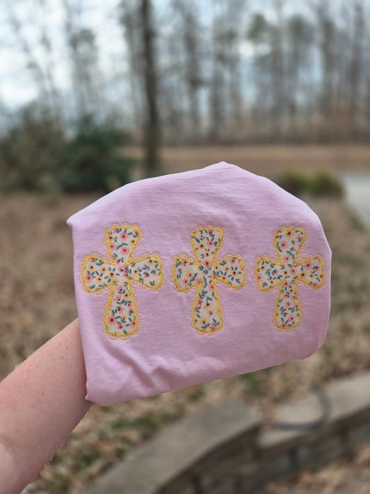 Crosses.  comfort color tee - faux lace- embroidered