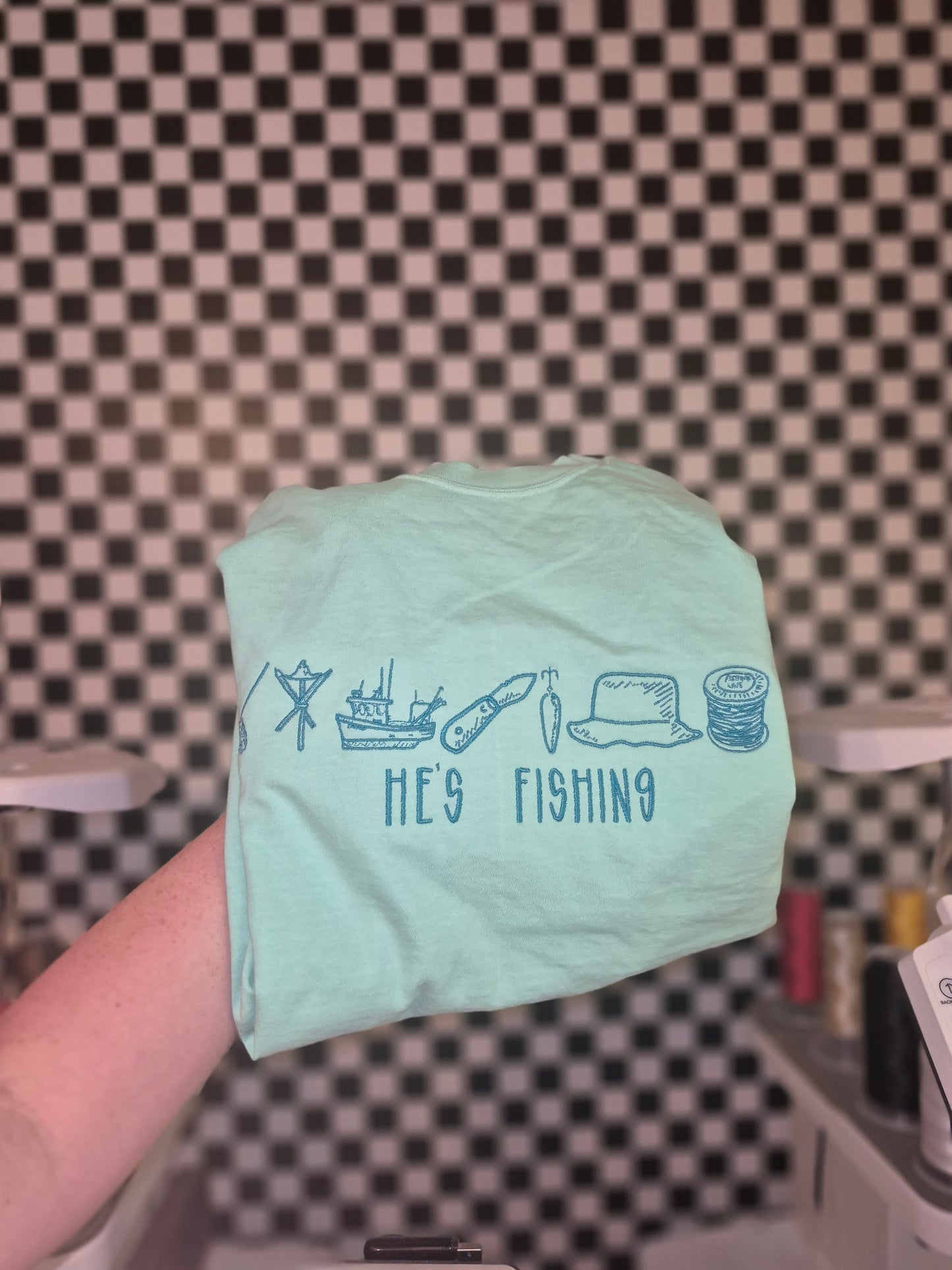 Hes fishing (or any custom word) - cc tee & gildan crew