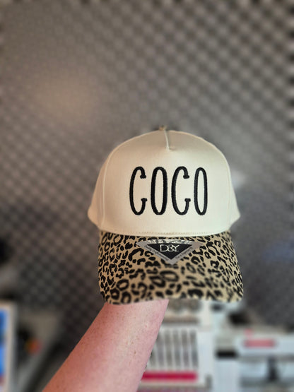 *any title* leopard bill hat- leave title & thread color in notes