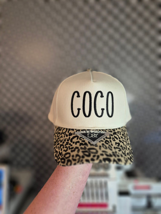 *any title* leopard bill hat- leave title & thread color in notes