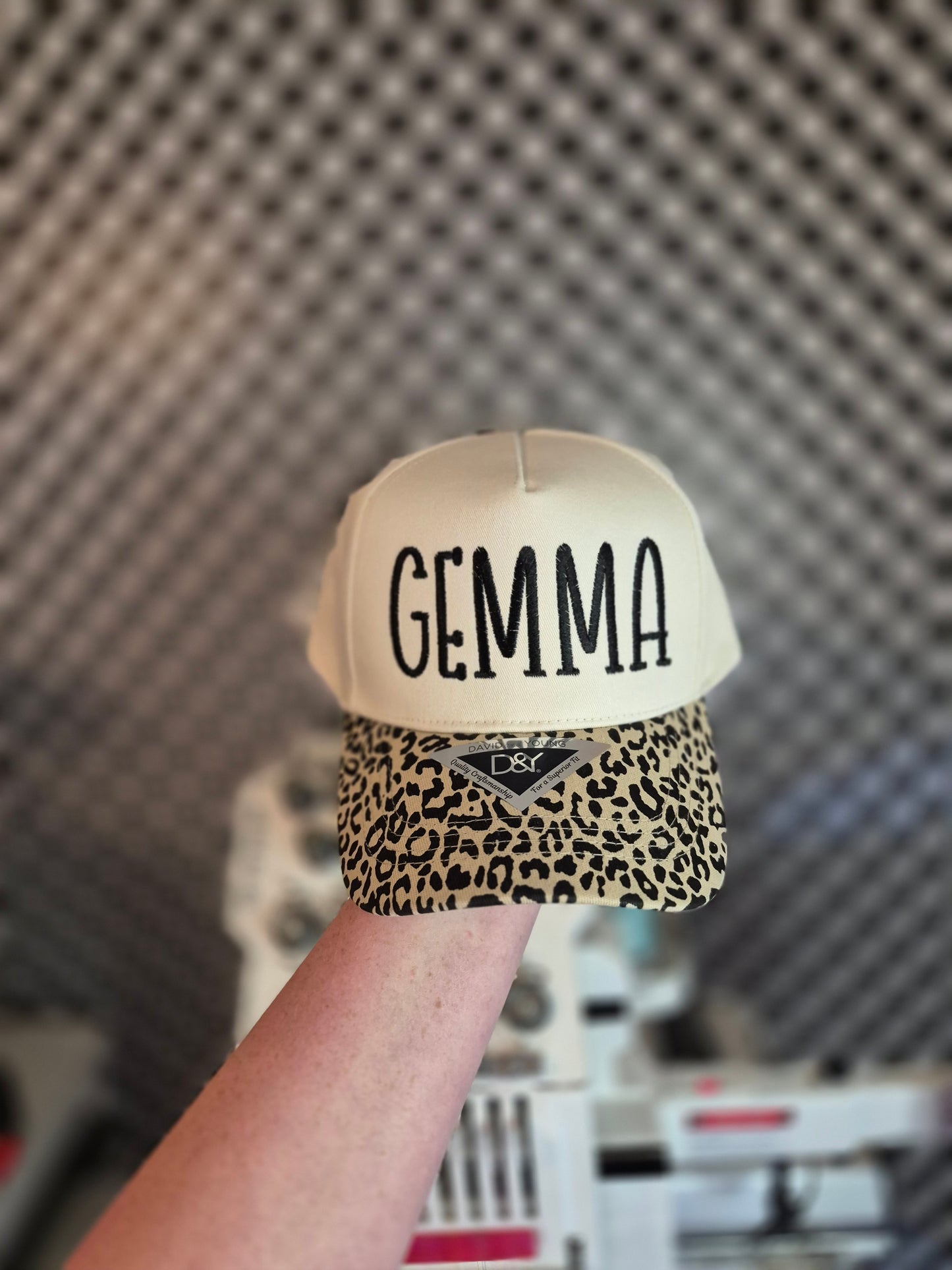 *any title* leopard bill hat- leave title & thread color in notes
