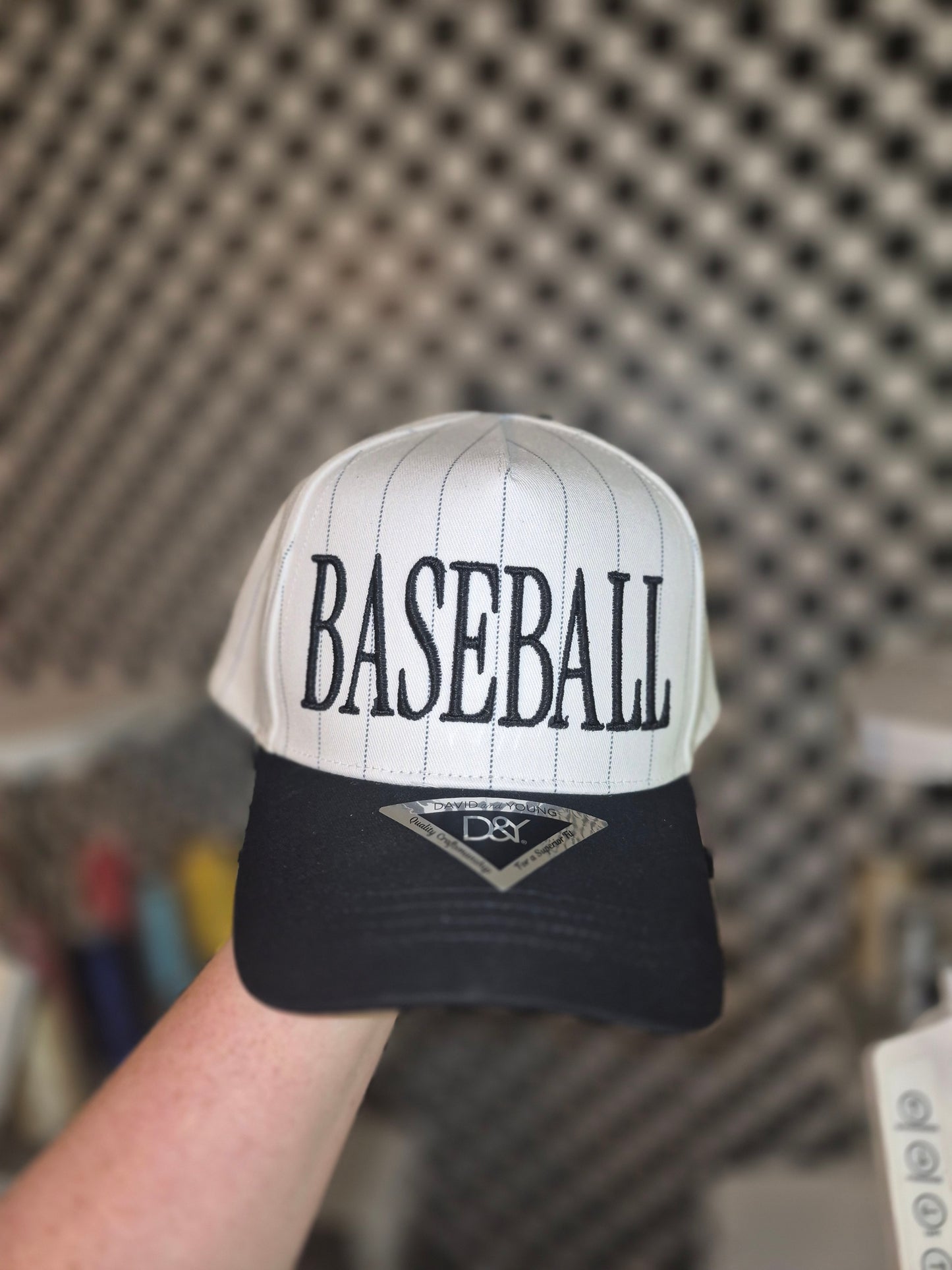 Baseball/custom text puff embroidery- pin strip hat